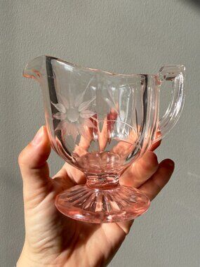 Pink Depression Wheel Cut Glass Etched Floral Creamer
